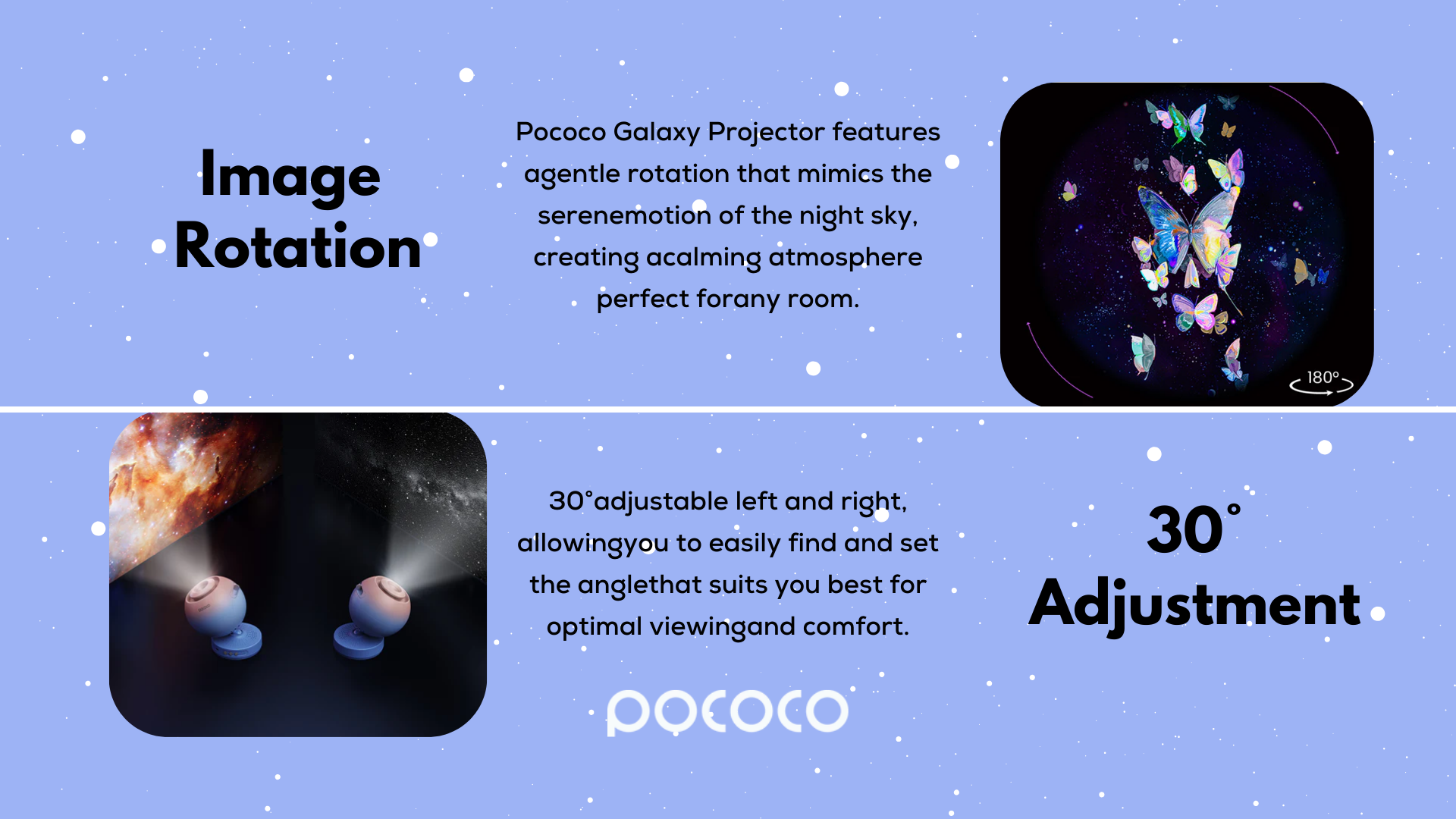 Pococo Galaxy Projector:
Image Rotation and 30 Angle Adjustment