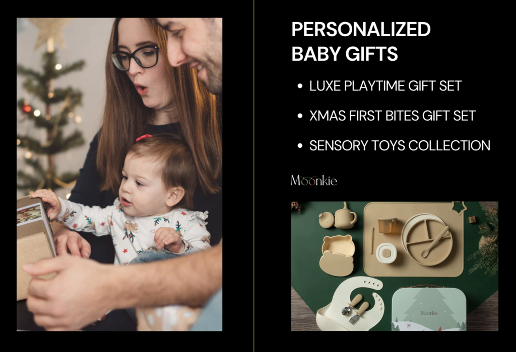 Family opening a personalized gift, with a MoonkieShop baby feeding and sensory toy set displayed.