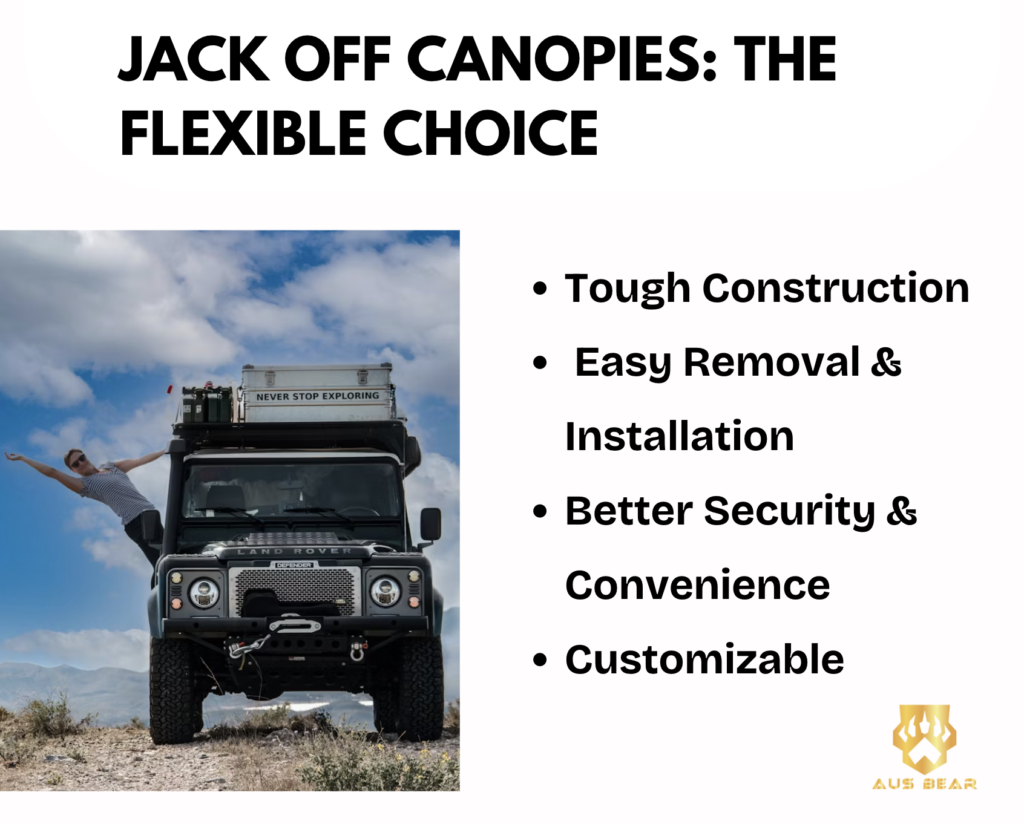 Jack Off canopies infographic showing benefits like durability, easy installation, security, and customization.