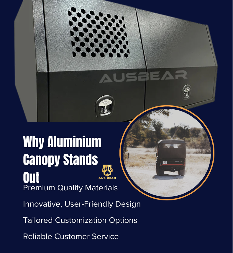 Infographic showing canopy benefits: premium materials, user-friendly design, customization, and customer service, with images of a canopy and ute.