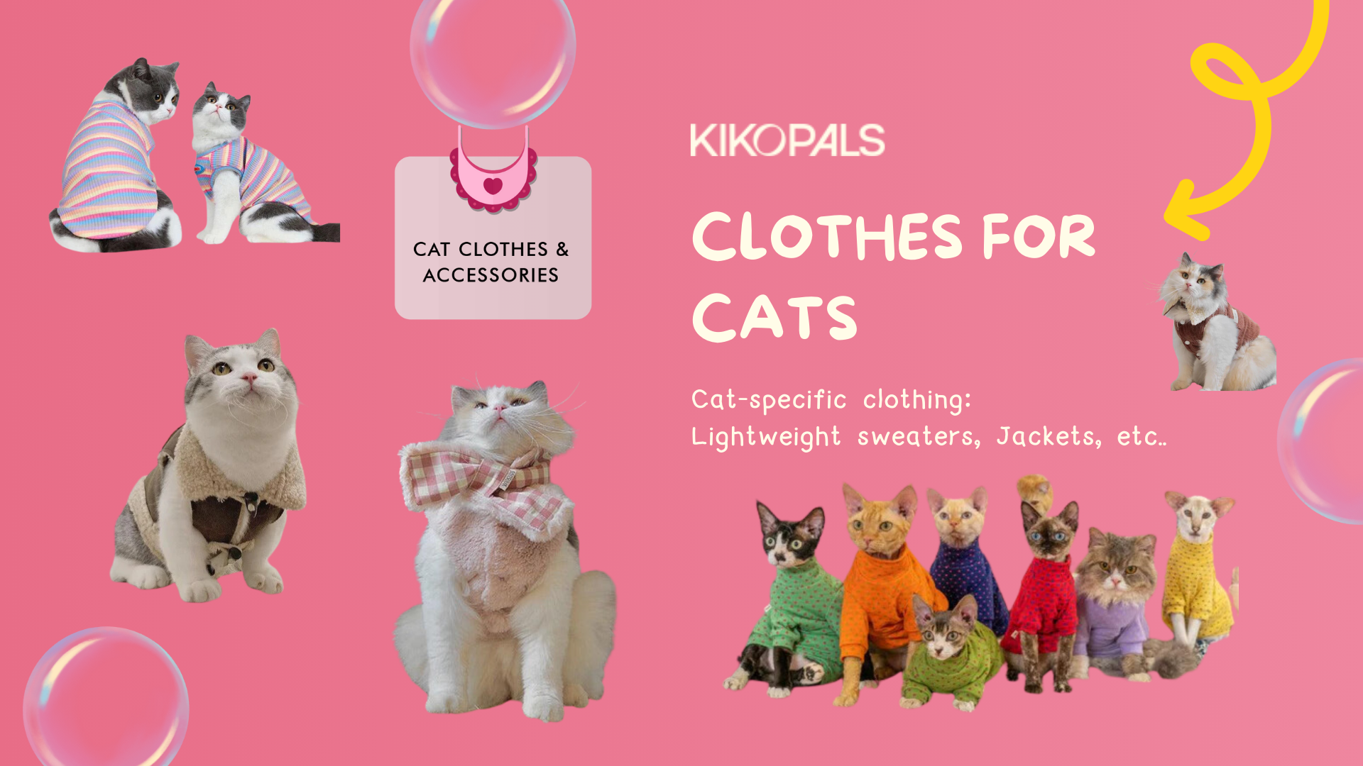 Kikopals cat clothes collection featuring lightweight sweaters and jackets for cats on a pink background