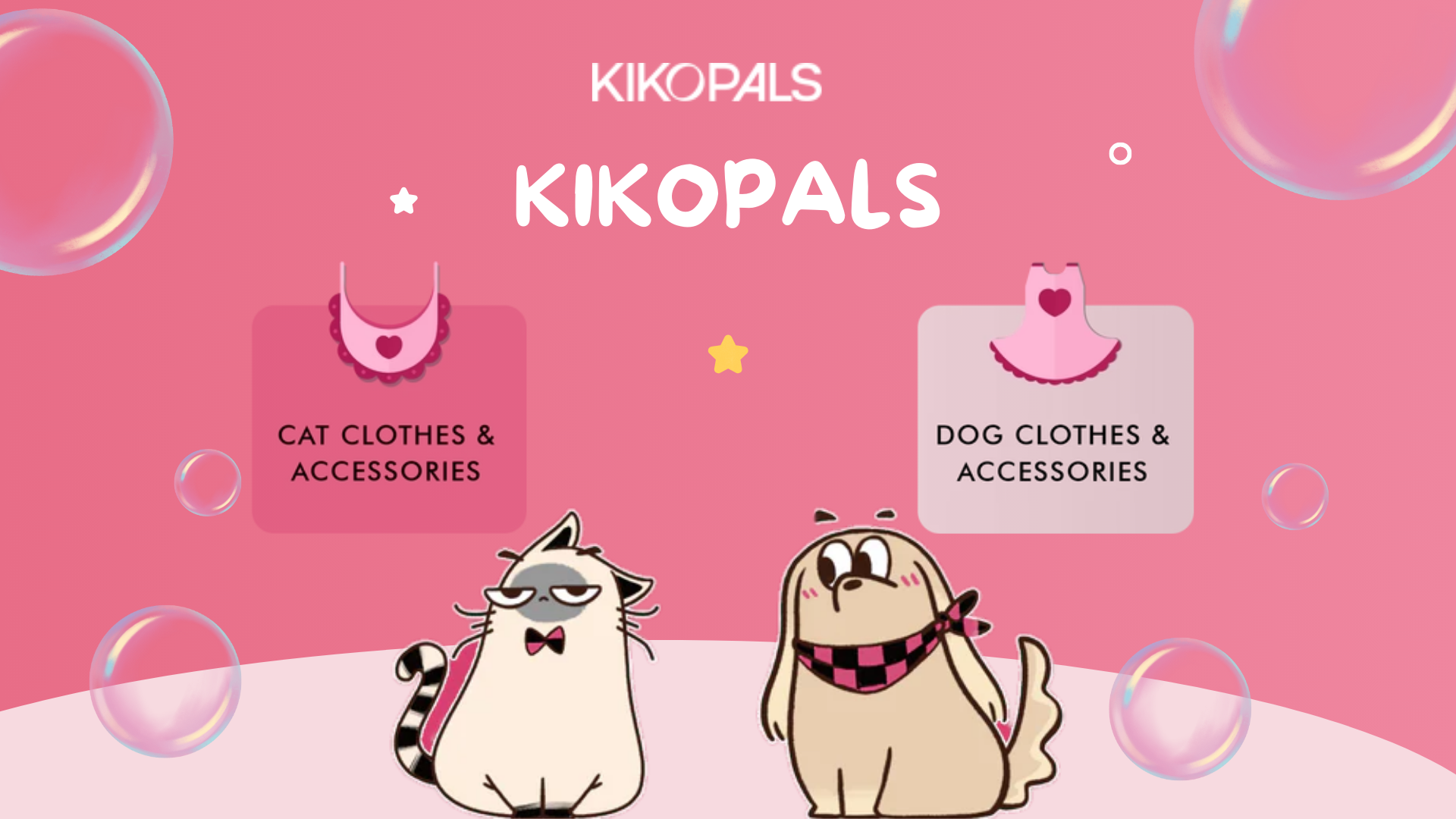 Kikopals cat and dog clothes and accessories on pink banner.